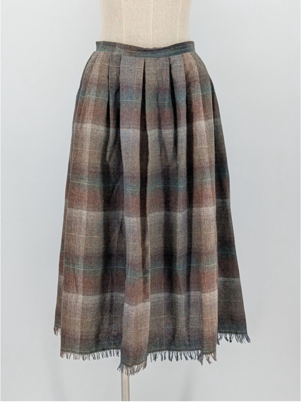 Vintage 70s Louben Plaid Wool Midi Skirt Pleated Dark Academia 27W Fits Small